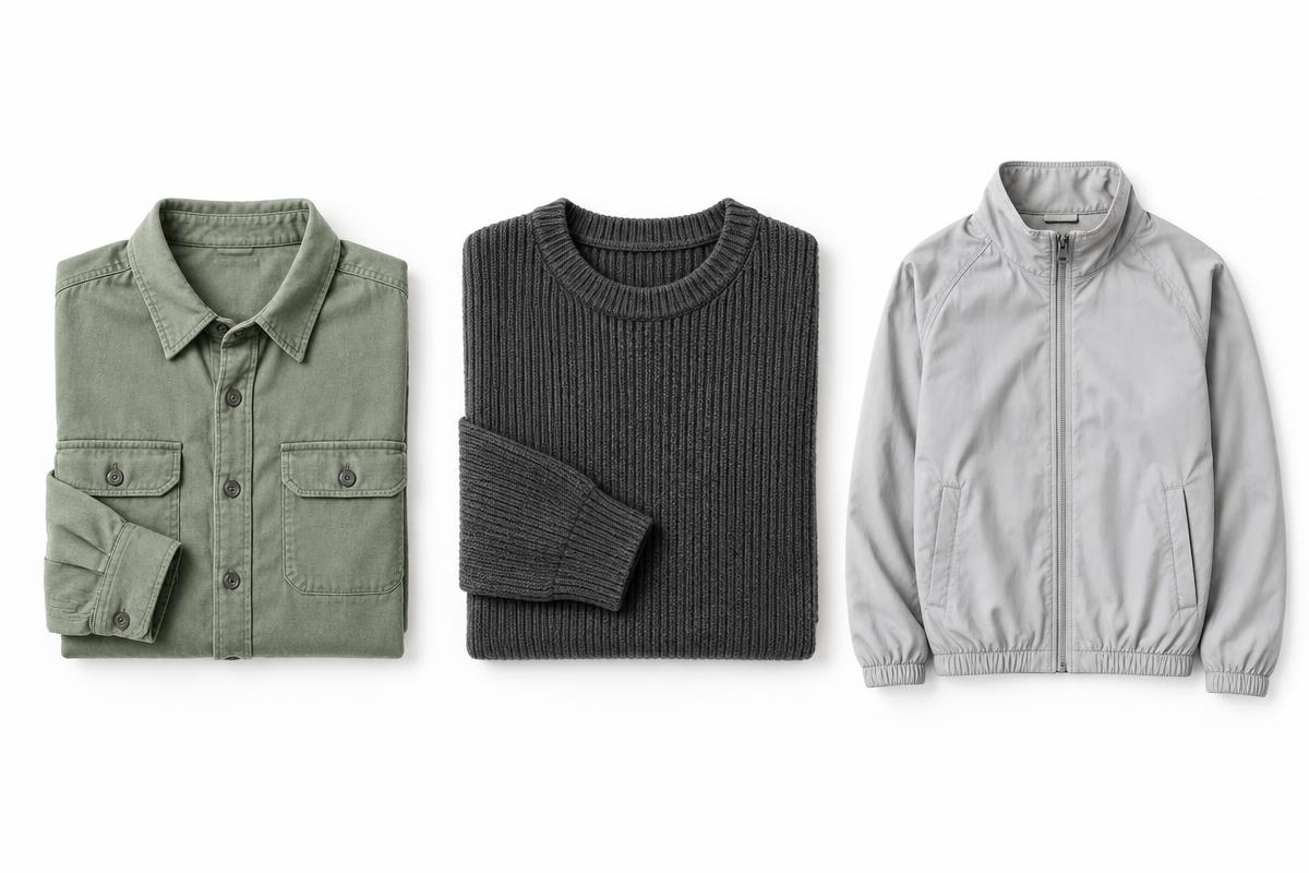 Illustrative seasonal collection: an overshirt, textured knit and lightweight jacket