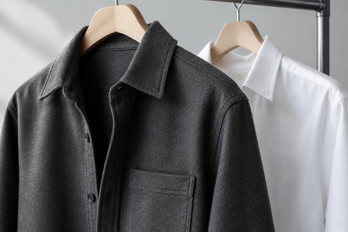 Fictional clothing concept highlighting overshirt fabric and craftsmanship